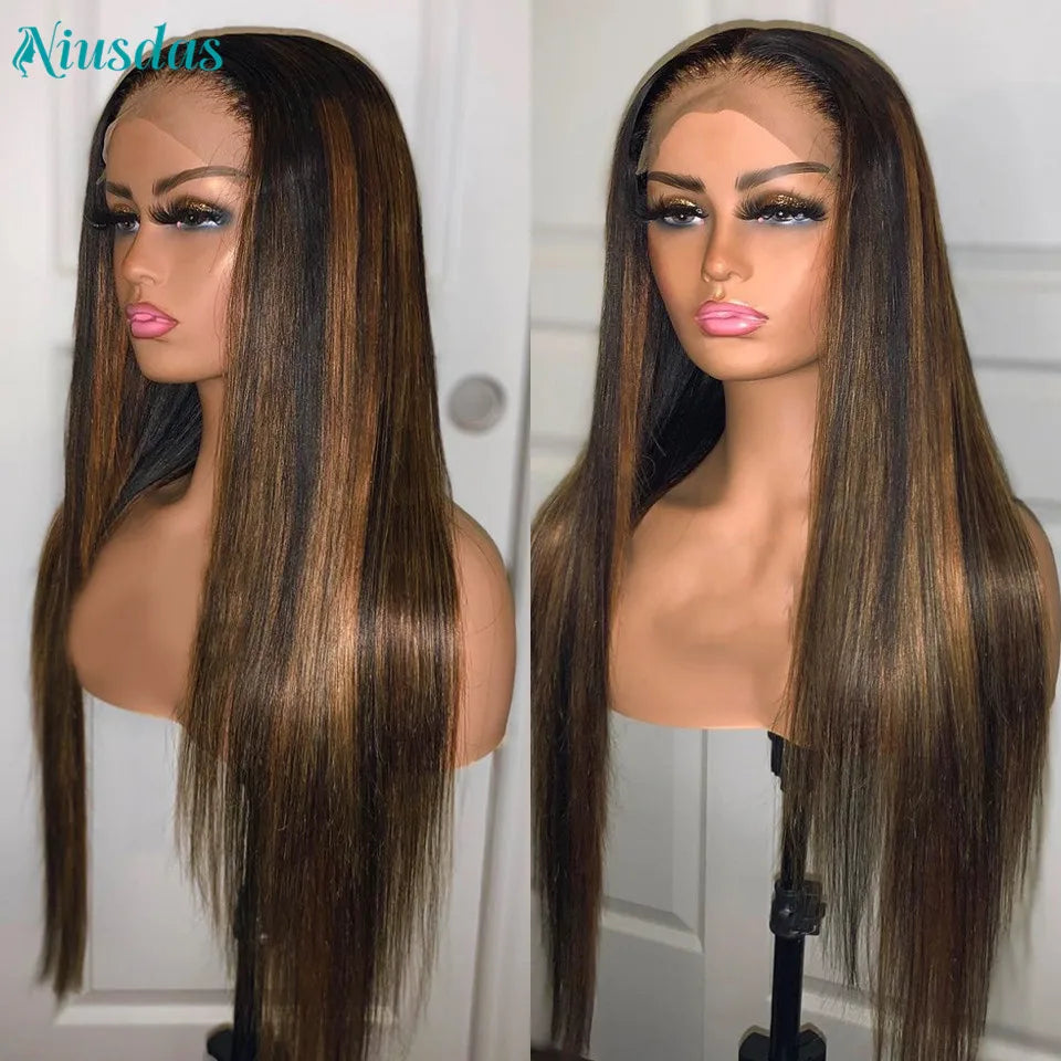 Highlight Wig Human Hair 4*4 Straight Lace Front Wig Brazilian  Wigs for Women