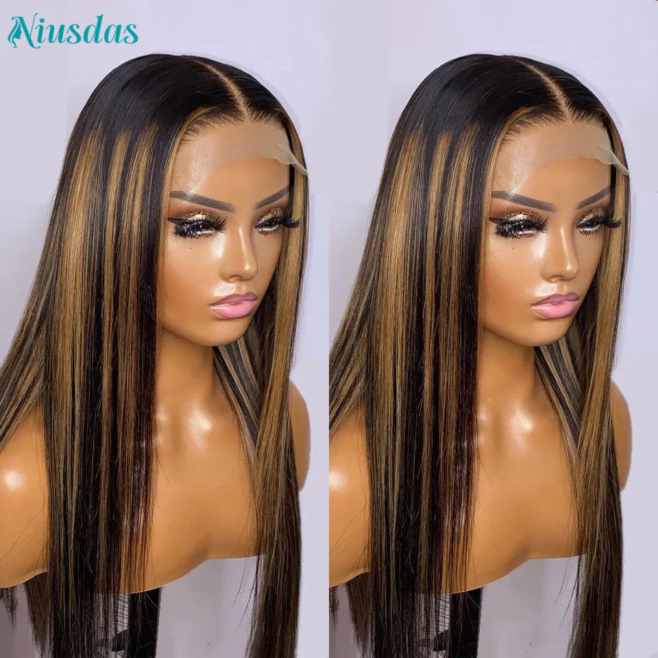 Highlight Wig Human Hair 4*4 Straight Lace Front Wig Brazilian  Wigs for Women